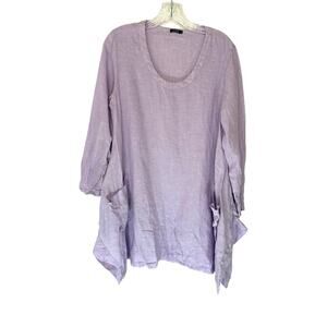 Vivid Purple Lagenlook Coastal Grandma Chore Long Sleeve Linen Tunic Size Medium